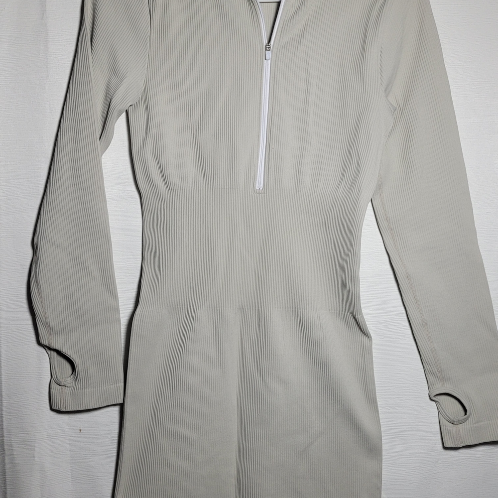 OQQ XL Ribbed Compression Dress Cream Long Sleeve Bodycon Stretch